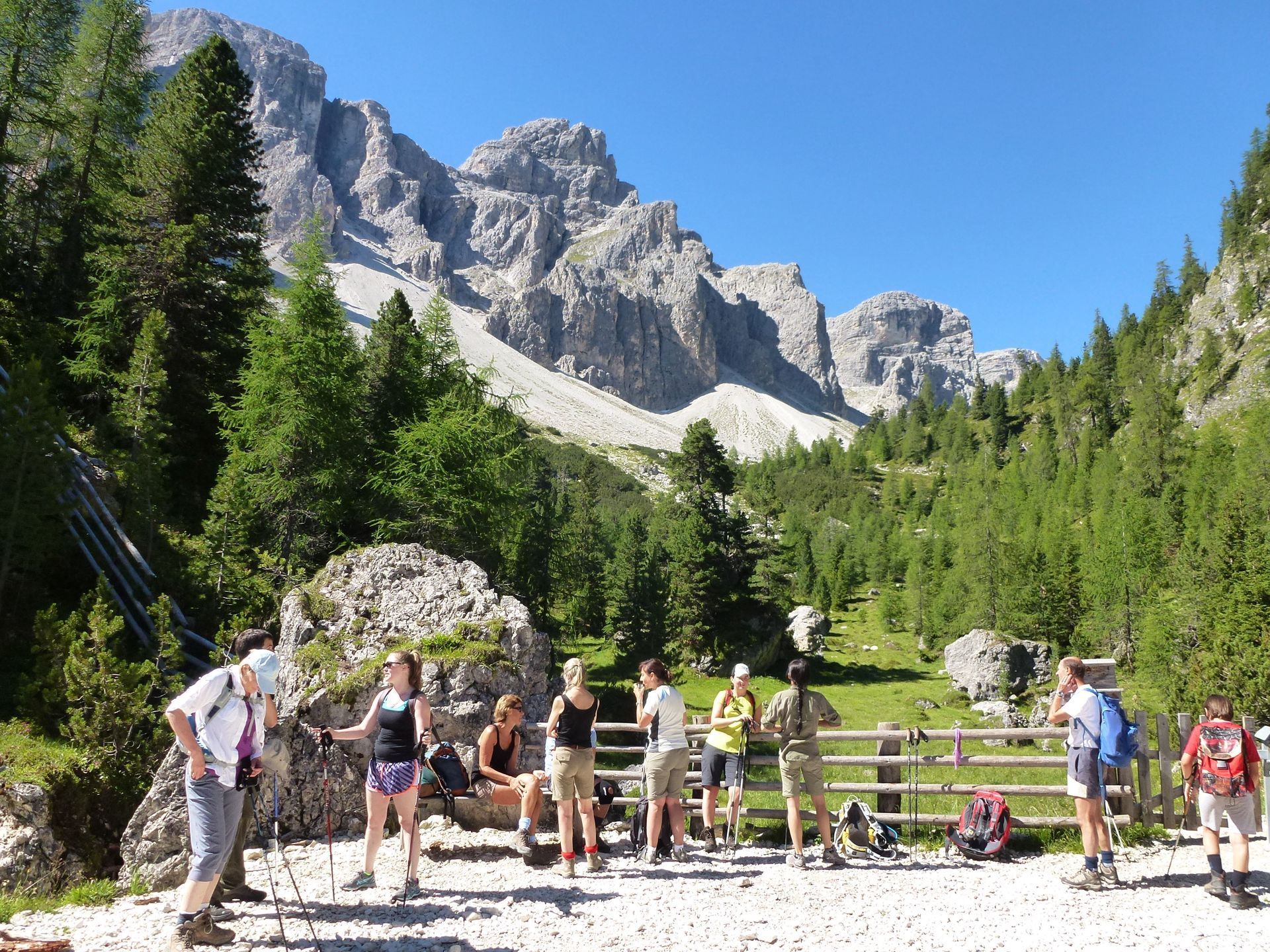 Hikers near a mountain range. Some standing, some resting, in a sunny, green valley.