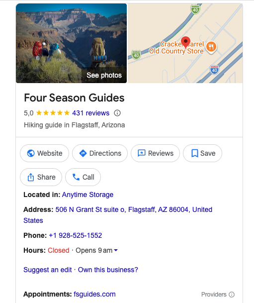 Google Maps listing for Four Season Guides: hiking guide in Flagstaff, Arizona.