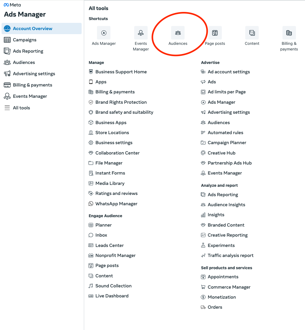 facebook ads manager audiences circled