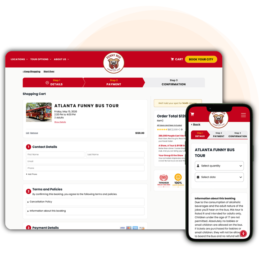Red and white burger restaurant website checkout shown on desktop and mobile screens