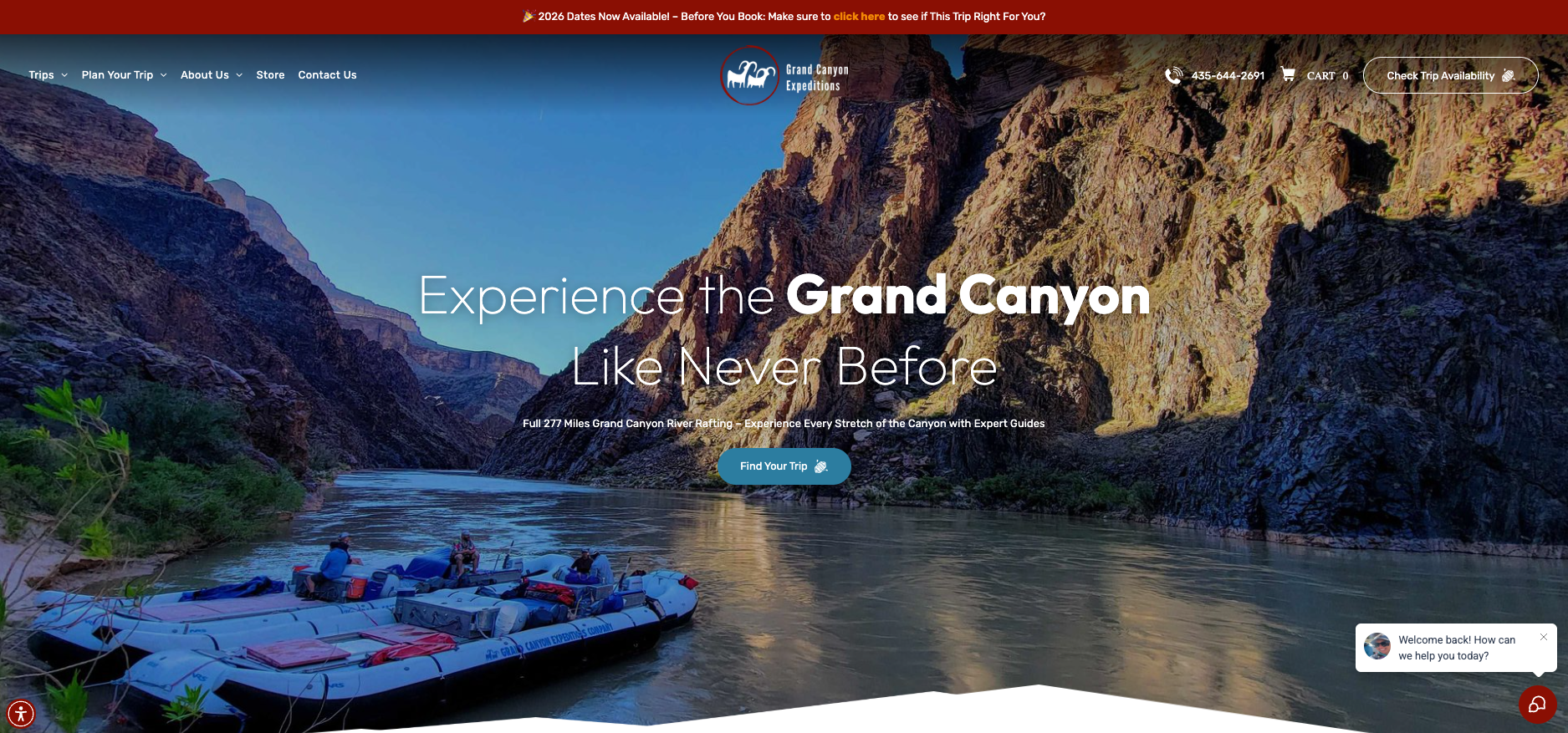 Rafting in the Grand Canyon. Dark canyon walls, blue water. Text: Experience the Grand Canyon like never before.