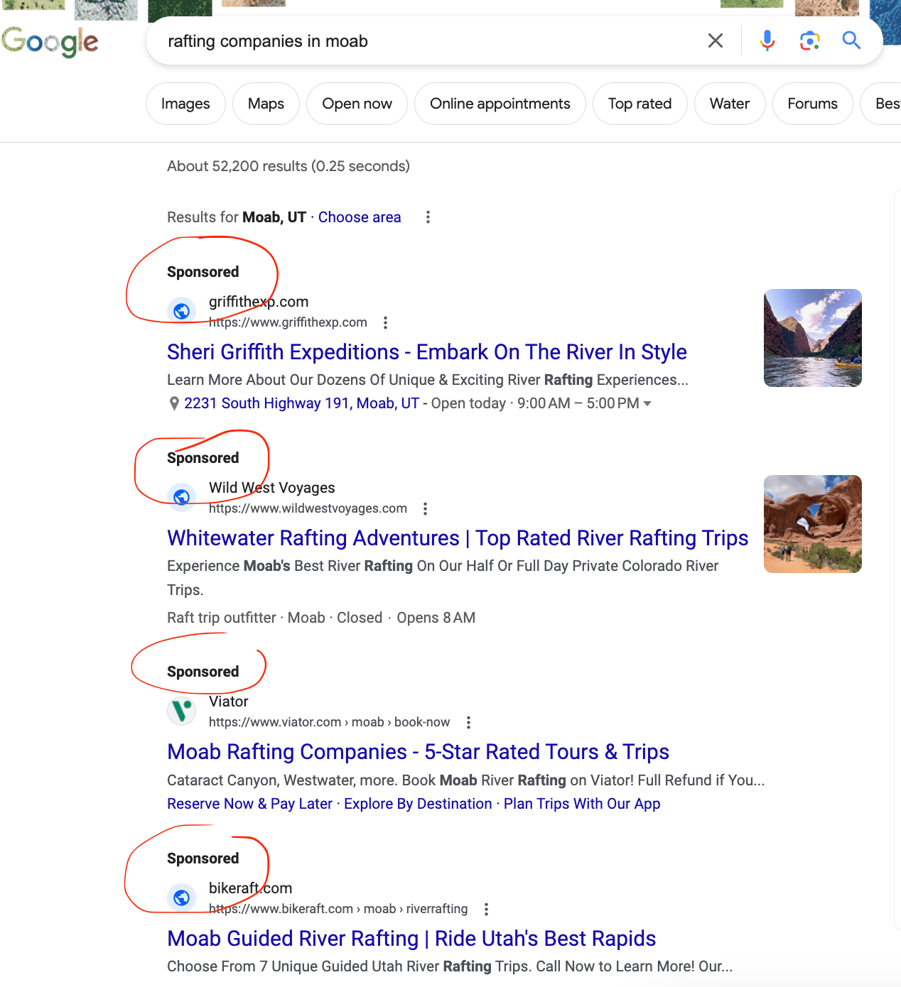 Image of the search engine results page showing rafting companies that are running paid ads