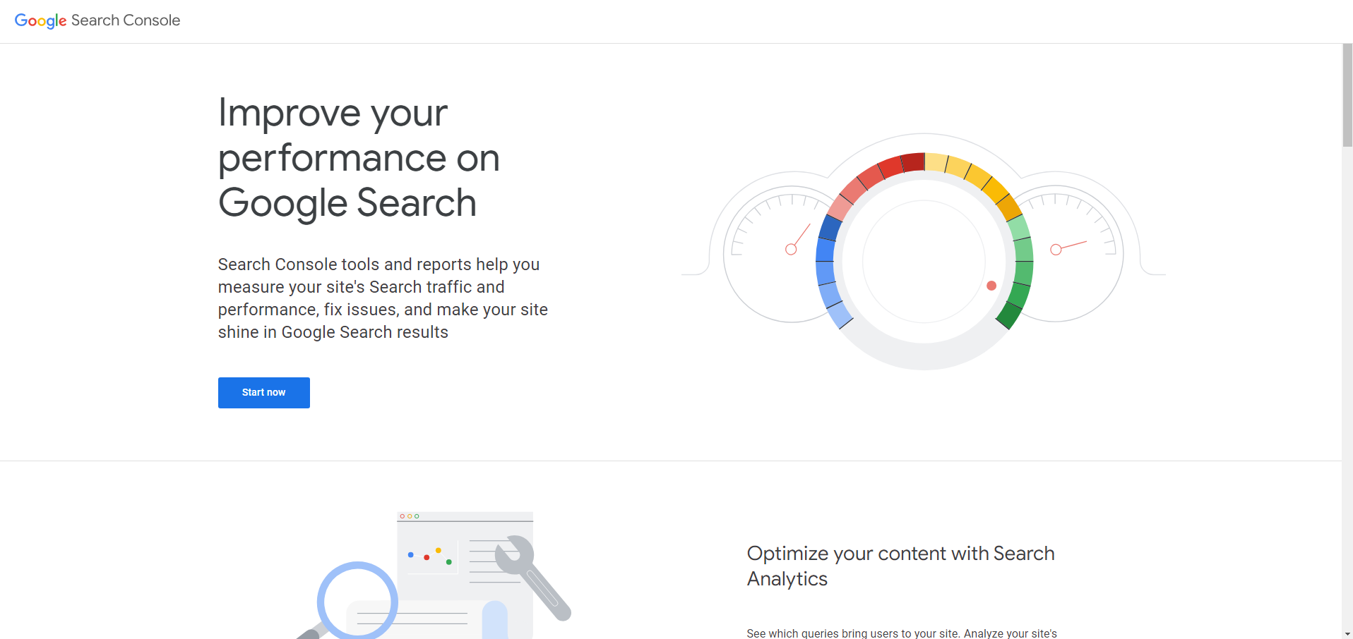 google search console screenshot at the start now page