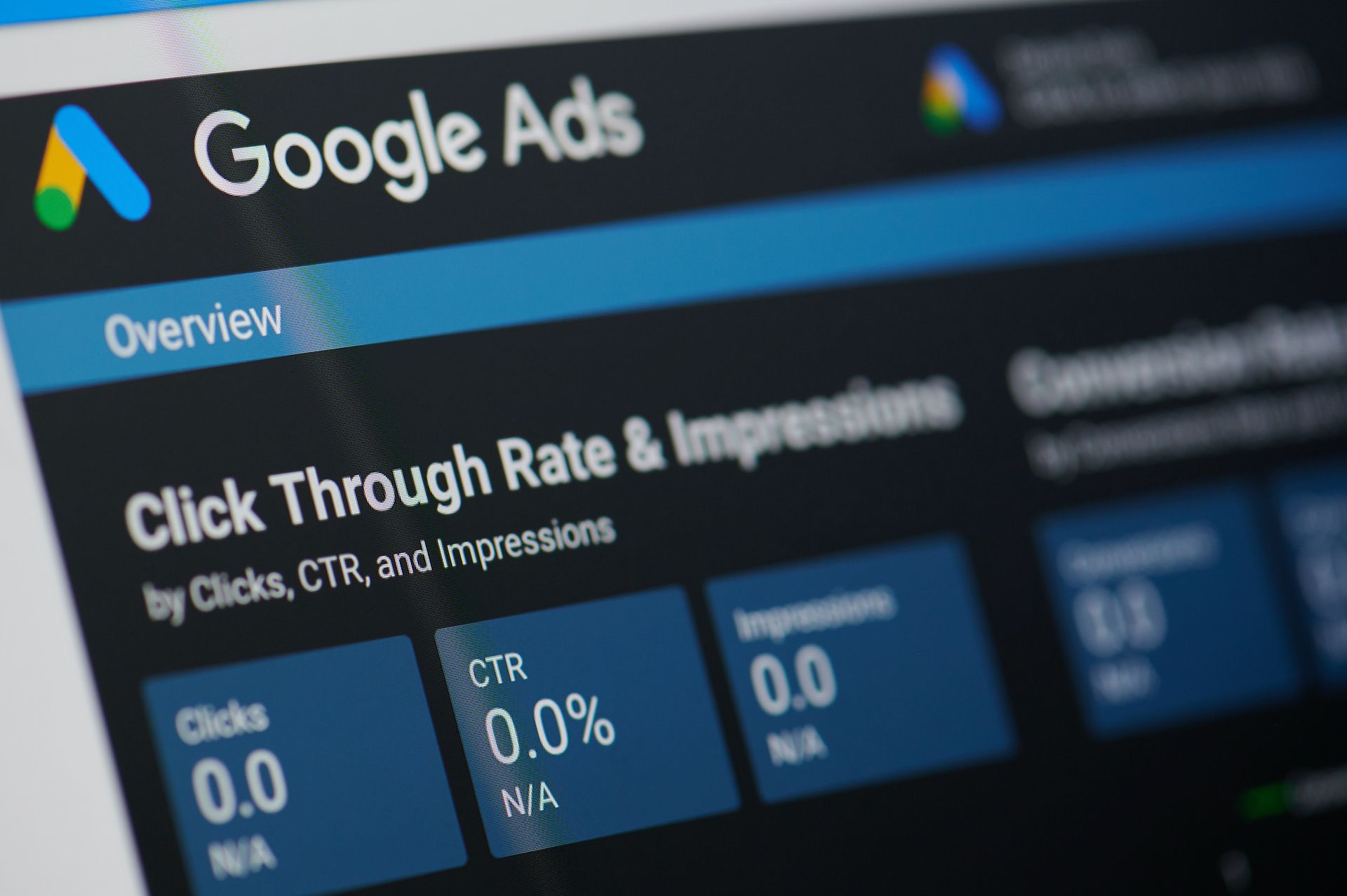 Google Ads dashboard showing metrics like click through rate and impressions