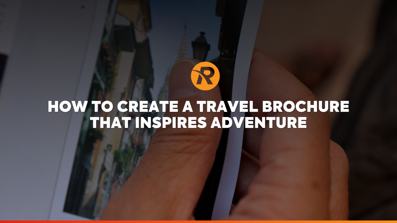 blog thumbnail with white text and background image of a person holding a travel brochure 