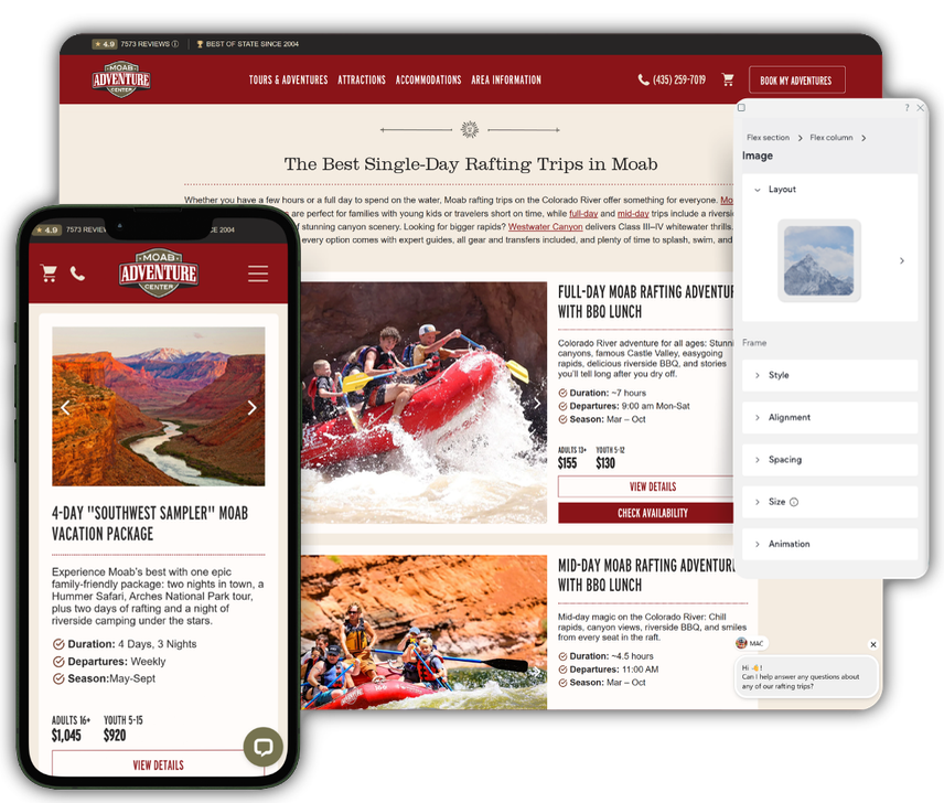Outdoor adventure website shown on desktop and phone, with rafting photos and a menu sidebar