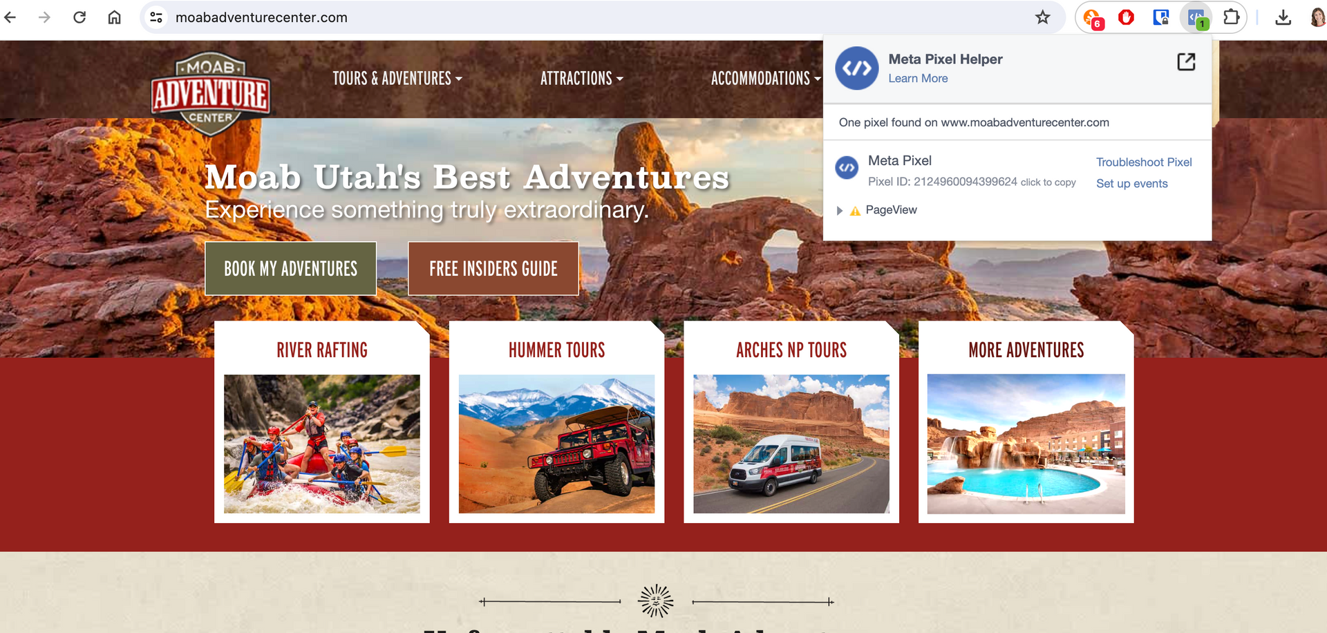 Moab Adventure Center Screenshot of Facebook Pixel