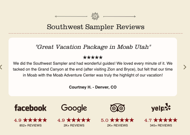 Testimonial for "Southwest Sampler" tour:  5-star review from Denver, CO, with social media ratings.
