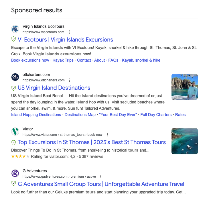 Sponsored search results for Virgin Islands excursions; ads for various tour companies.