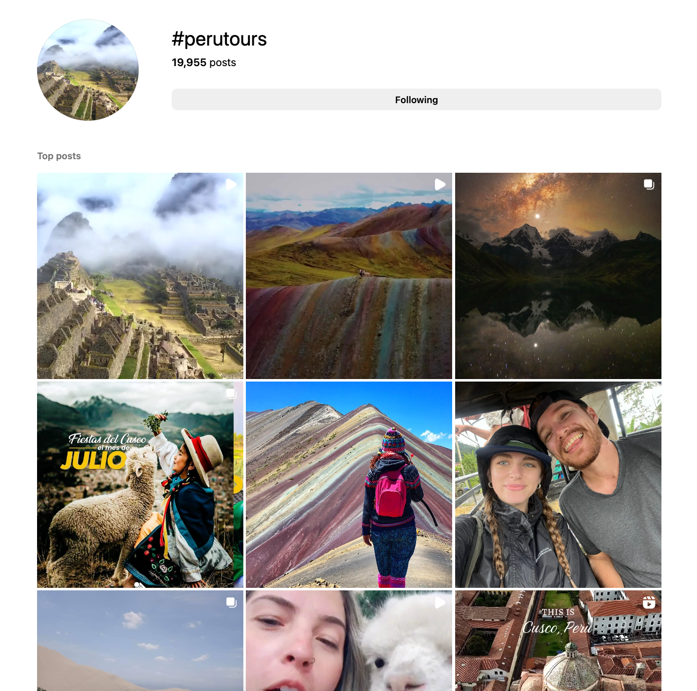 Screenshot of #perutours Instagram