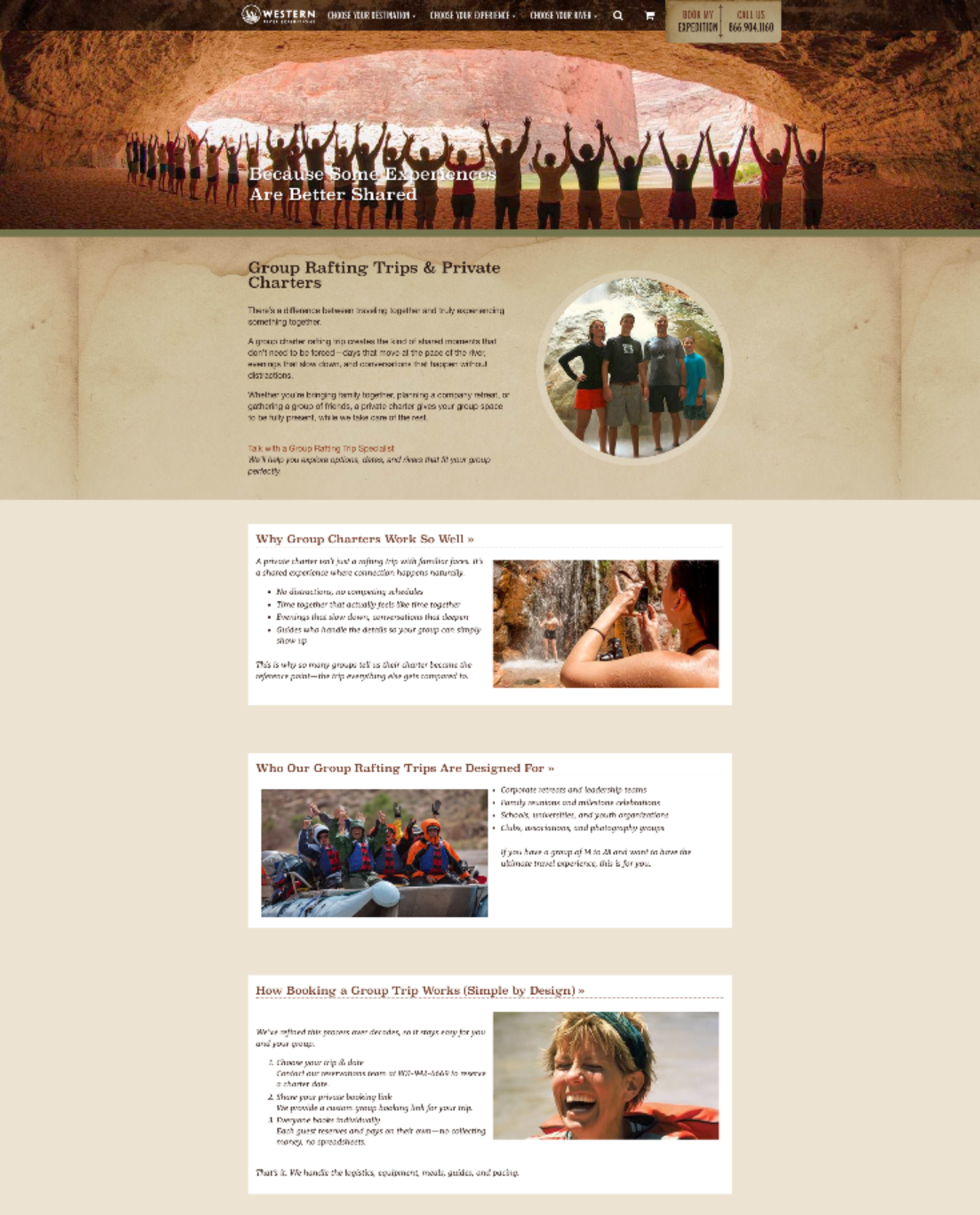 People with raised arms in a cave entrance, and a website about adventure tours.