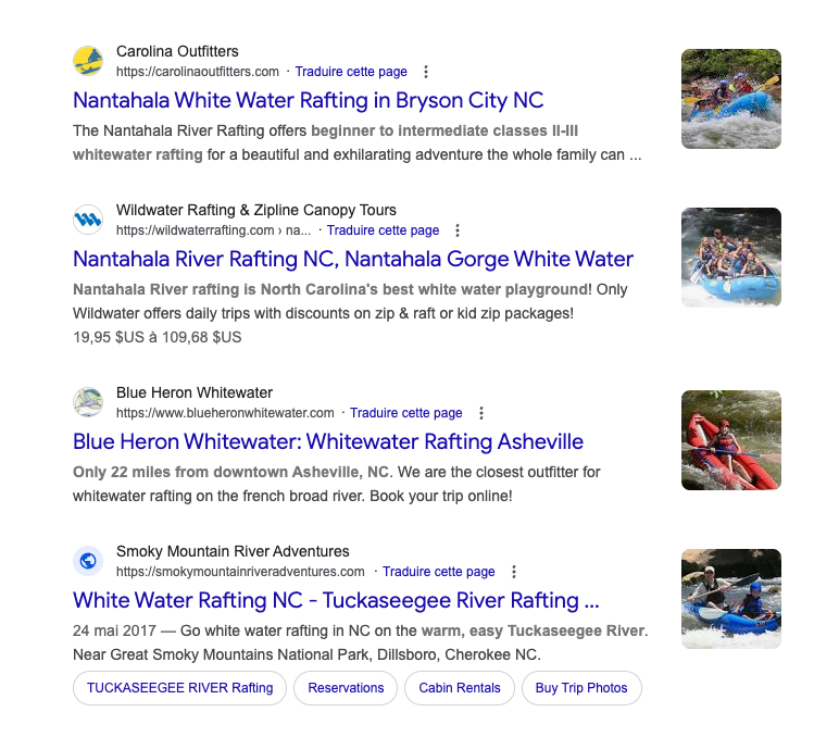 Search results for whitewater rafting in North Carolina, with company listings and related photos.