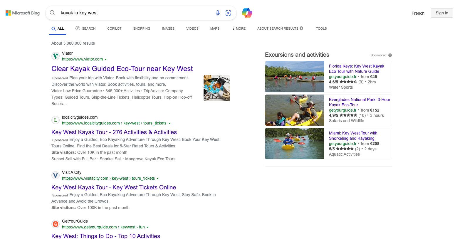 bing search engine - kayak in key west
