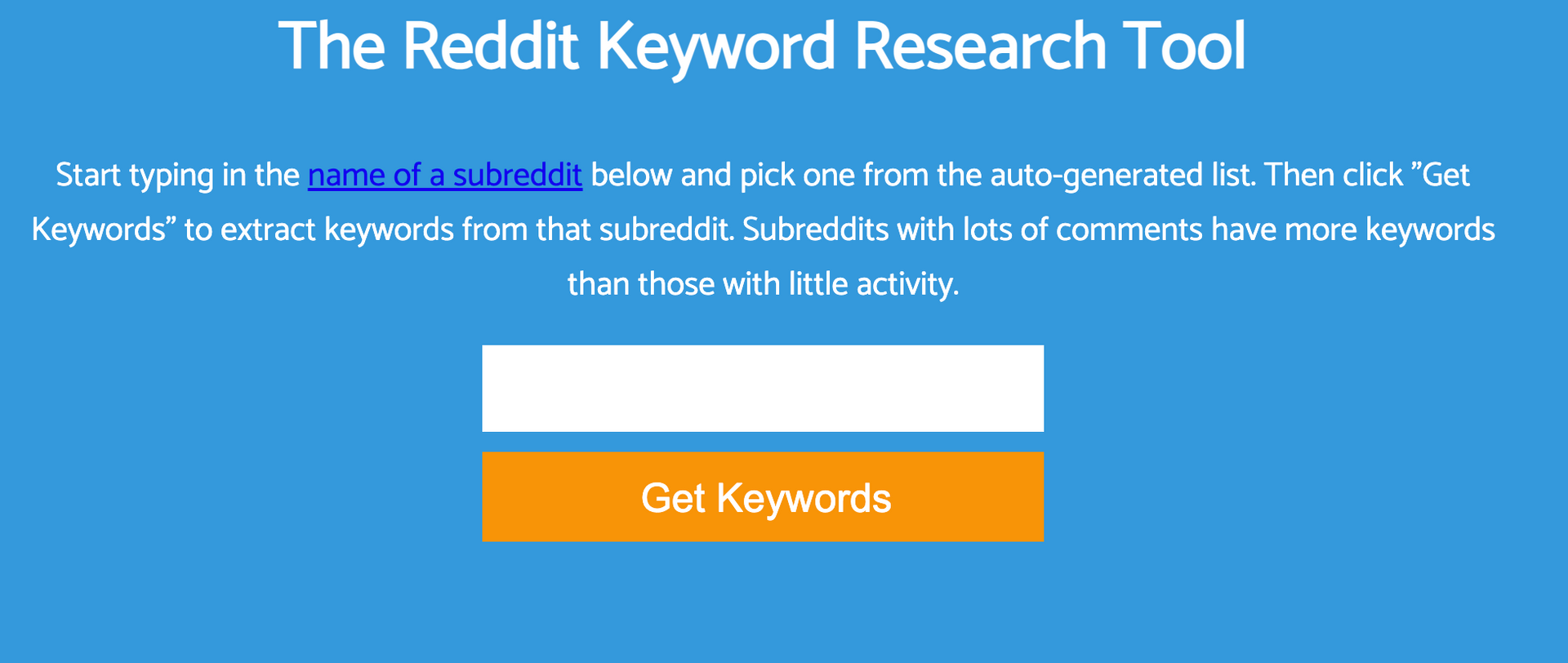 The Reddit Keyword Research Tool Get Keywords search page