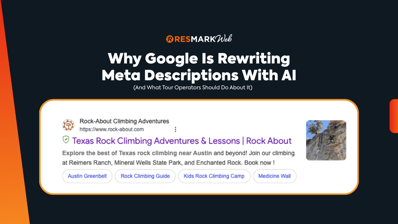 Presentation slide about Google rewriting meta descriptions using AI; example of a search result for rock climbing.