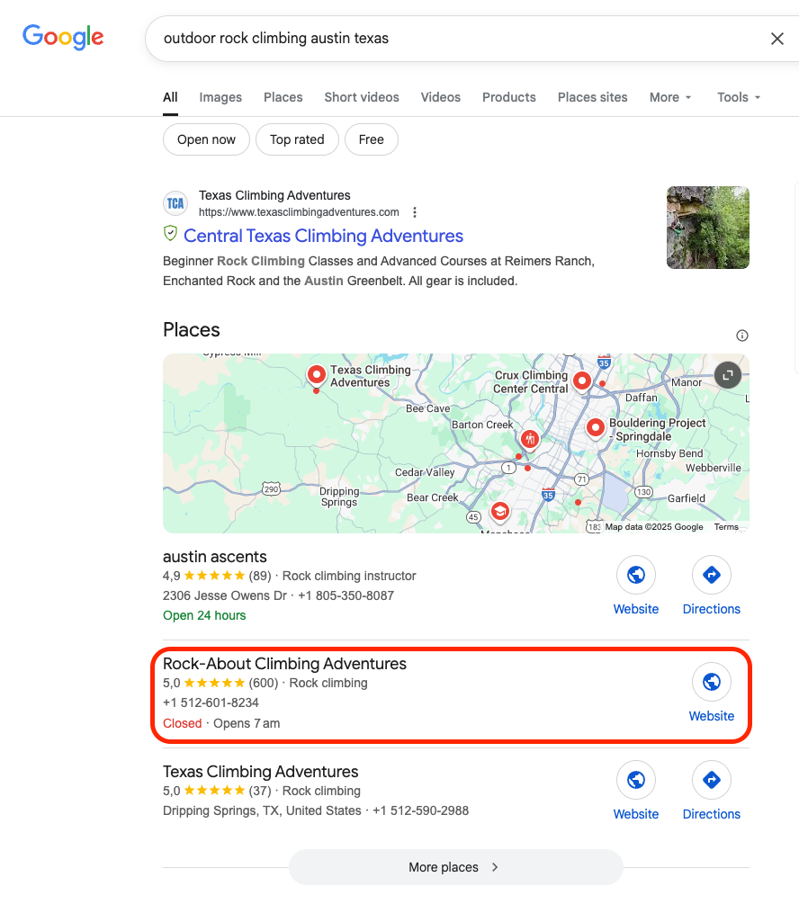 Google search results for outdoor rock climbing in Austin, Texas, showing a map and local business listings. Rock-About Climbing Adventures is highlighted.
