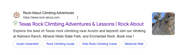 Rock-About Climbing Adventures Google search result. Features business name, address, and short description.