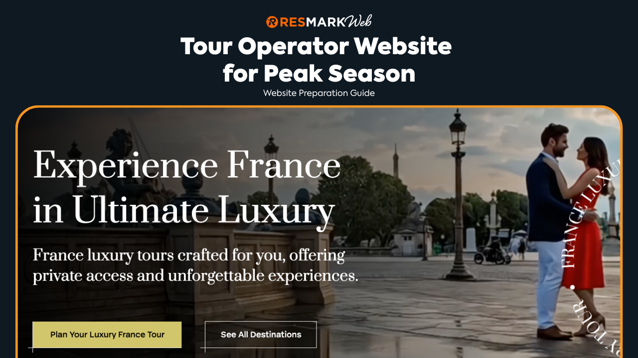 Website promoting luxury tours of France, featuring a couple in front of the Eiffel Tower.