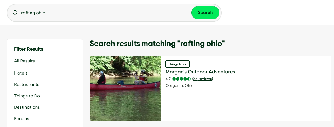 Search results for "rafting Ohio" with a photo of people in a canoe.