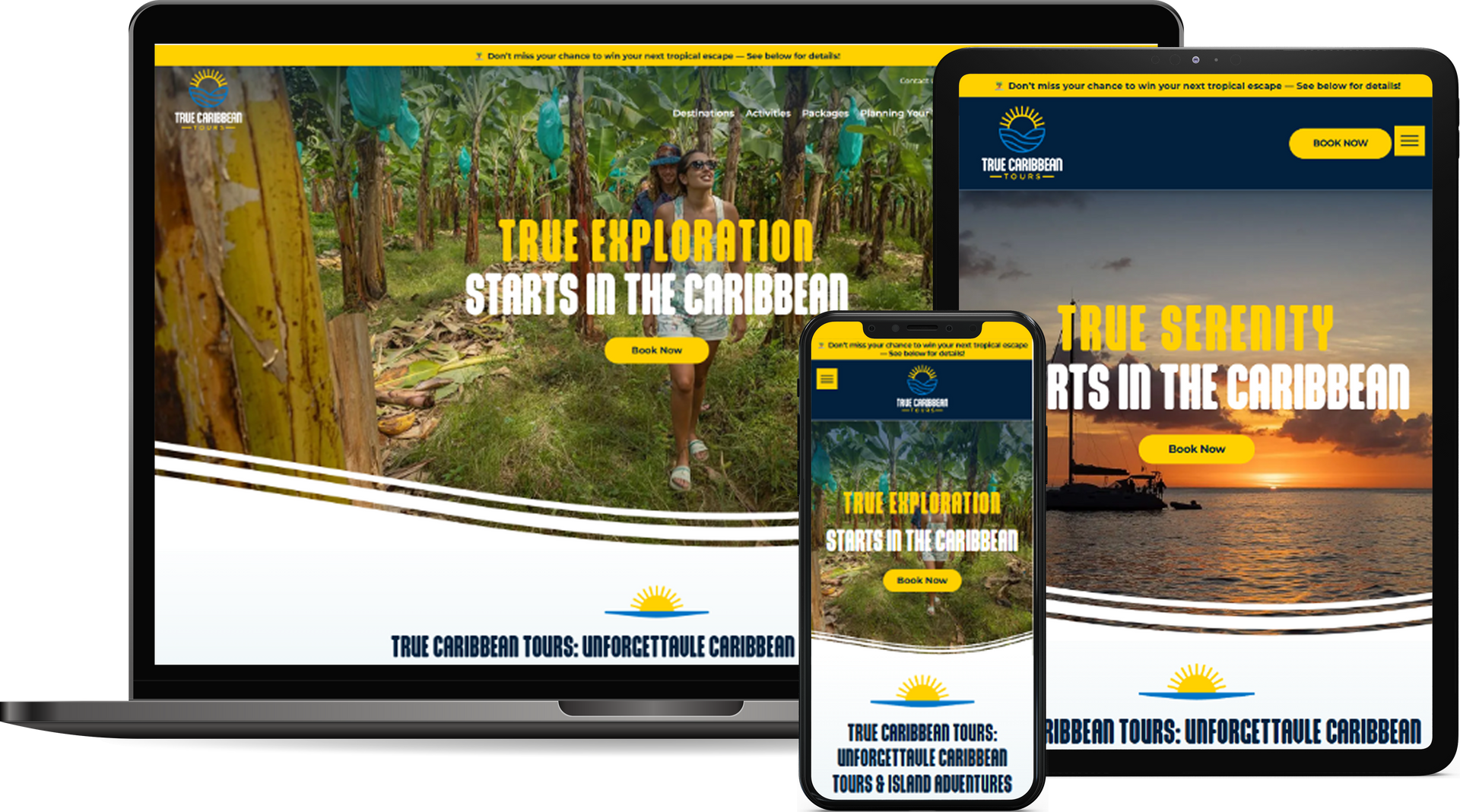 True Caribbean Tours Website mockup on laptop, tablet, and phone, featuring a Caribbean travel theme with text and nature imagery.