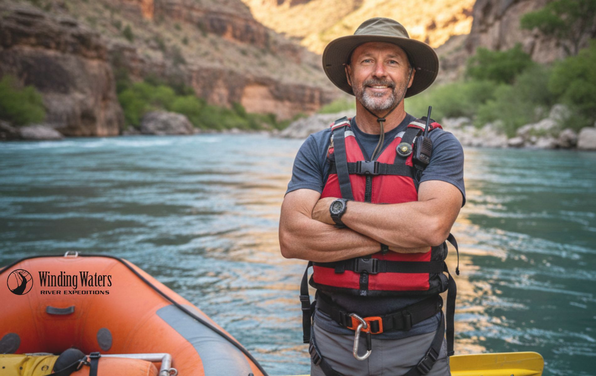 Man with arms crossed, wearing a life vest and hat, on a raft in a river. Canyon backdrop.