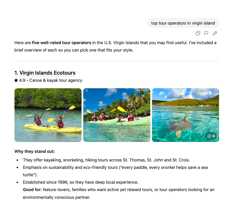 A webpage showing tour operator information in Virgin Islands. Canoe and kayak tours shown with photos.