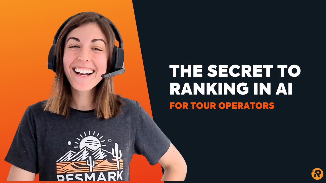 A girl with a headset on an orange background and tour operator SEO text