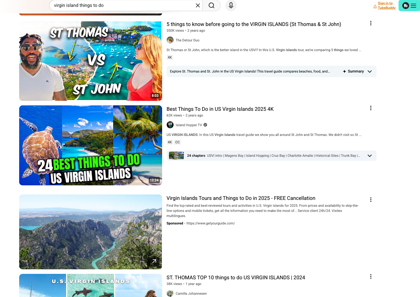 YouTube search results page, travel topics: comparison of St. Thomas vs St. John, things to do in the US Virgin Islands, and scenic landscapes.