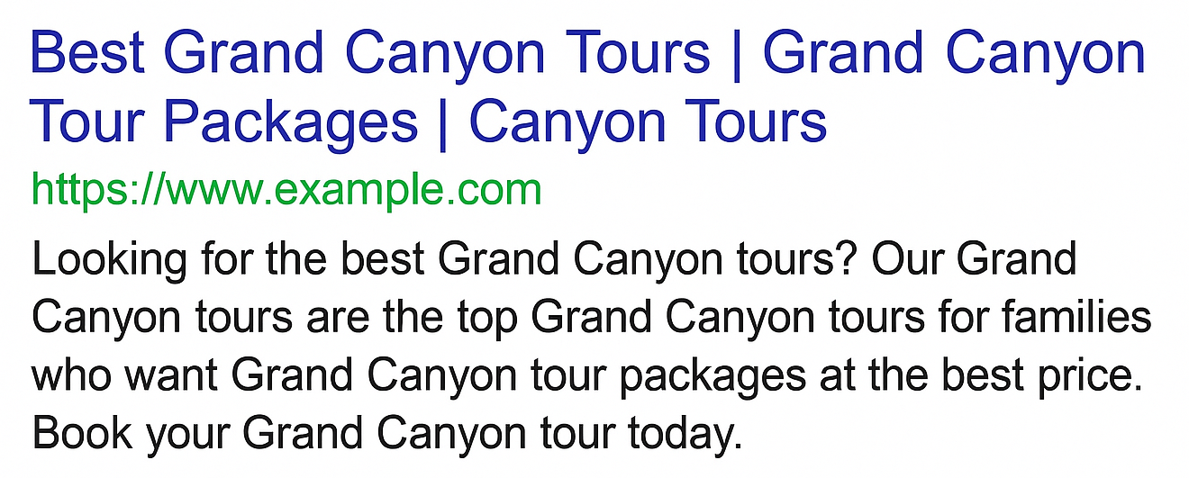 Search result for Grand Canyon tours, featuring a website URL and descriptive text.