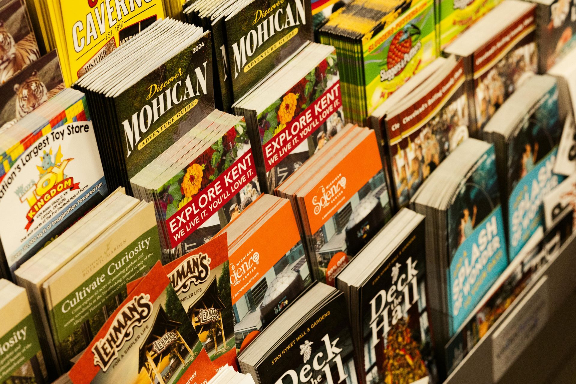 many travel brochures in a stand