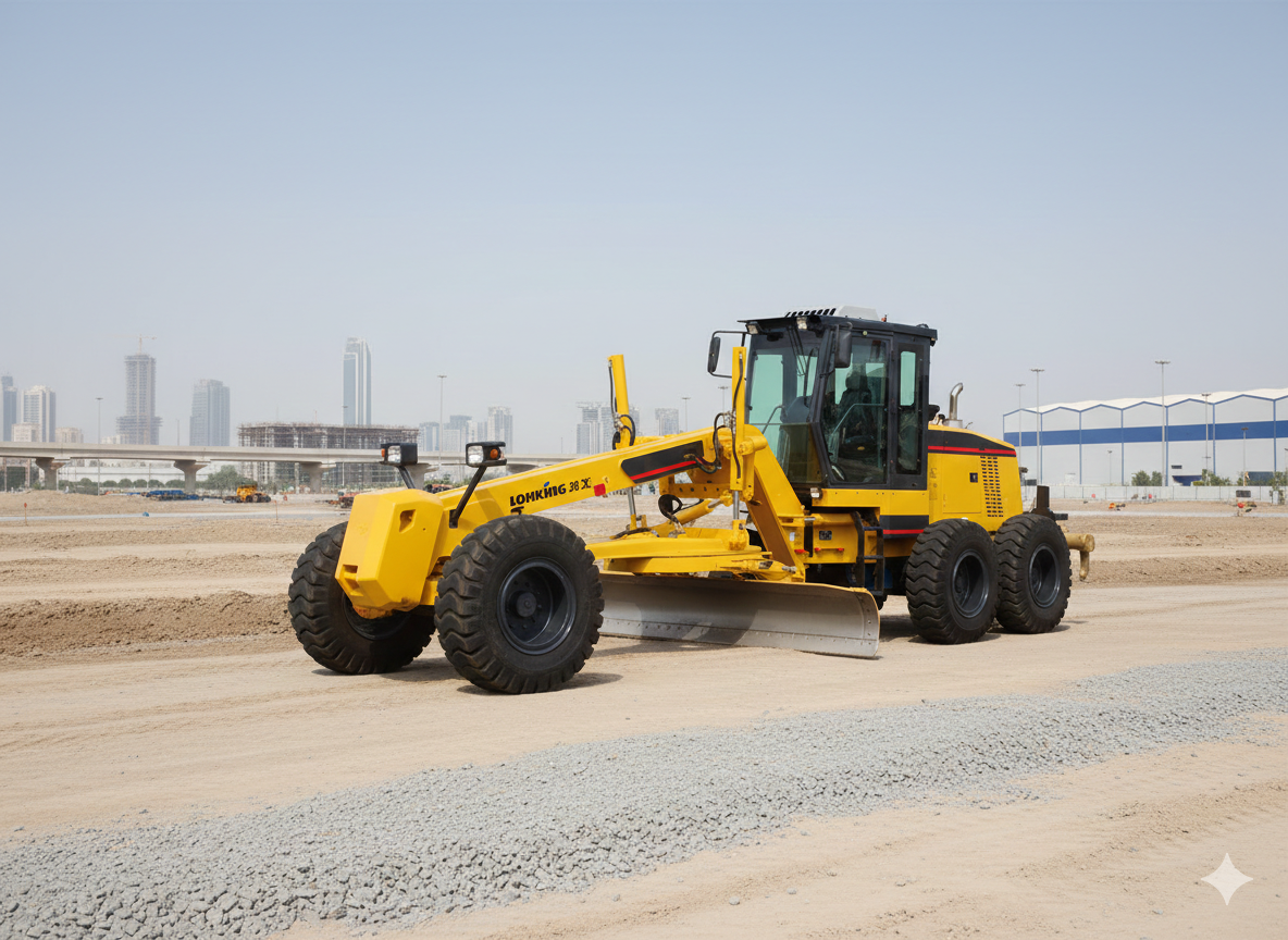 Yellow road grader smoothing a gravel road with buildings and a bridge in the background.
