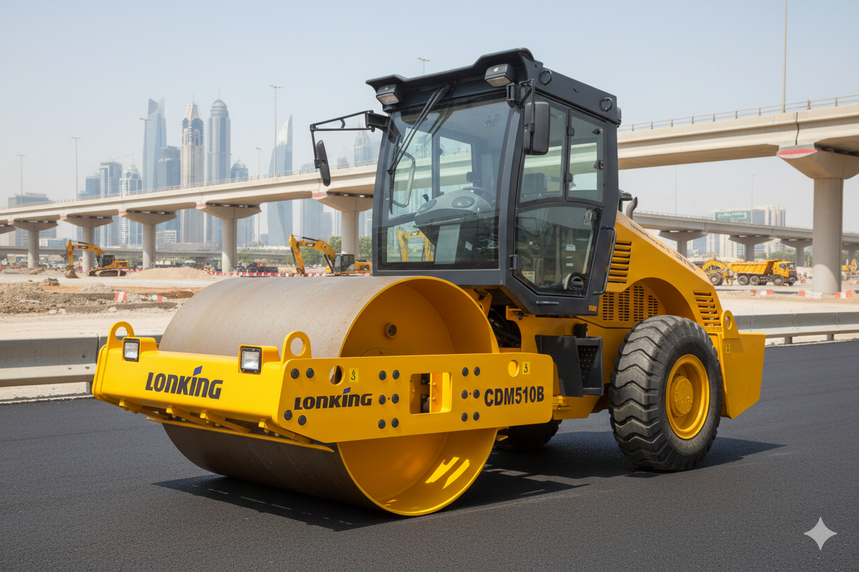 Yellow road roller compacting asphalt on a construction site, with buildings in the background.