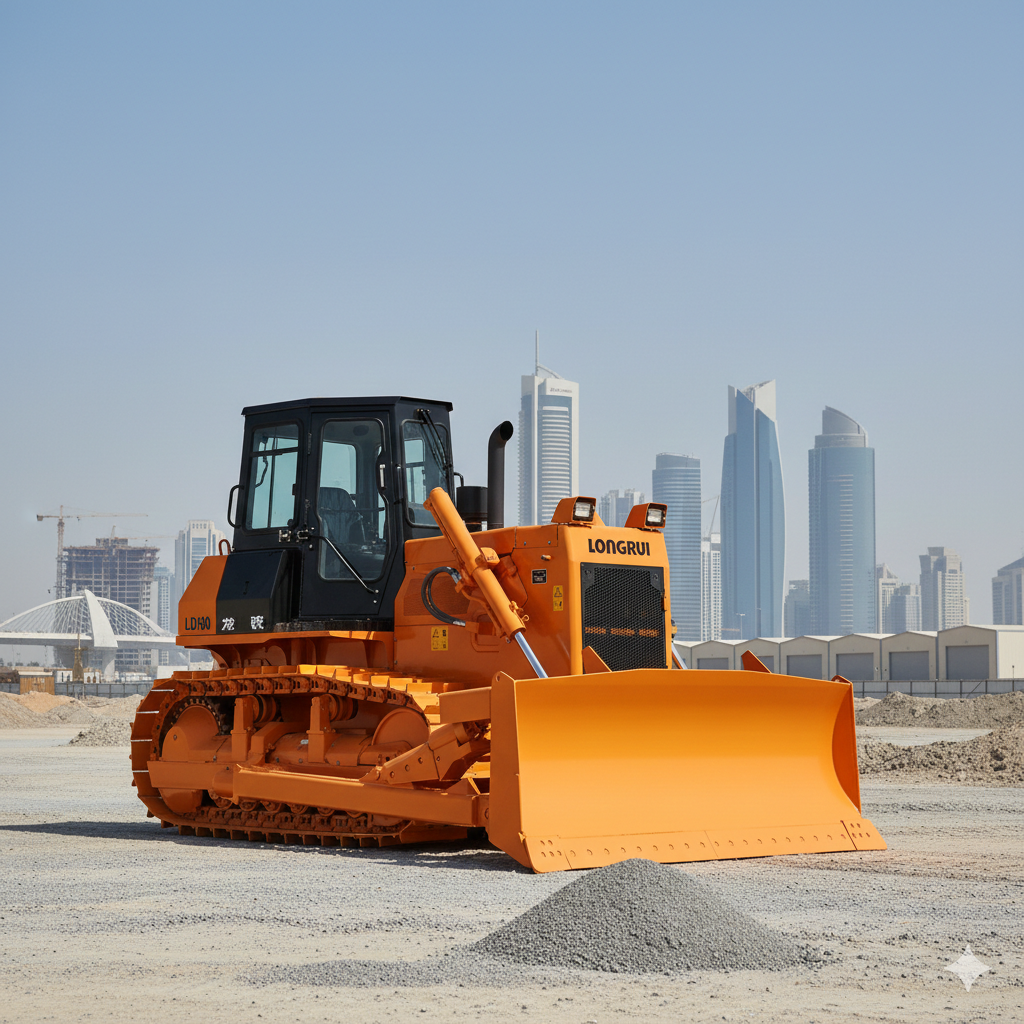 Orange bulldozer on a construction site with city skyline in background.