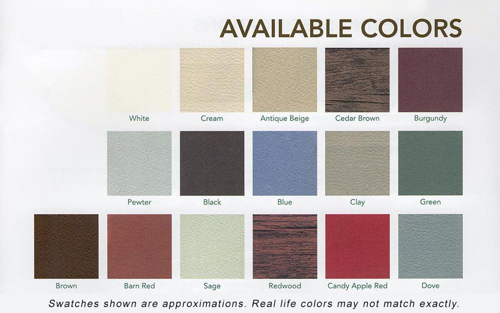 A list of available colors with swatches shown are approximate.