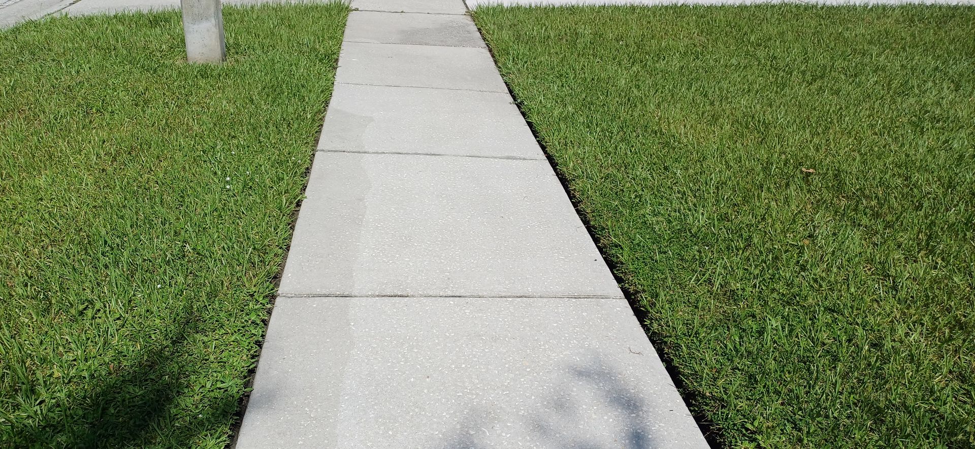 A sidewalk going through a lush green field of grass.