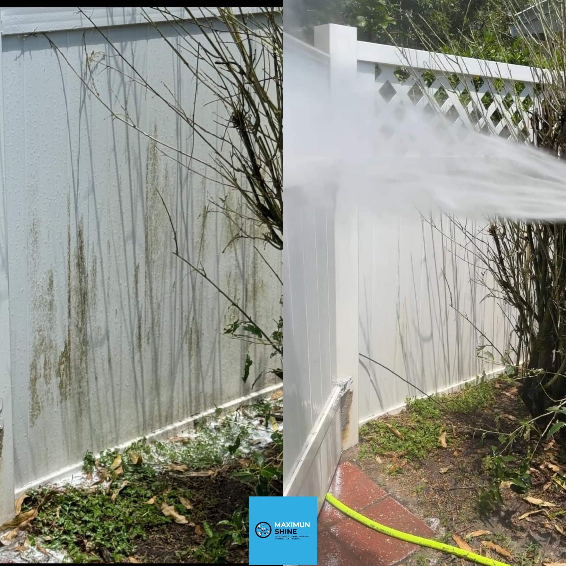 A picture of a fence before and after being cleaned