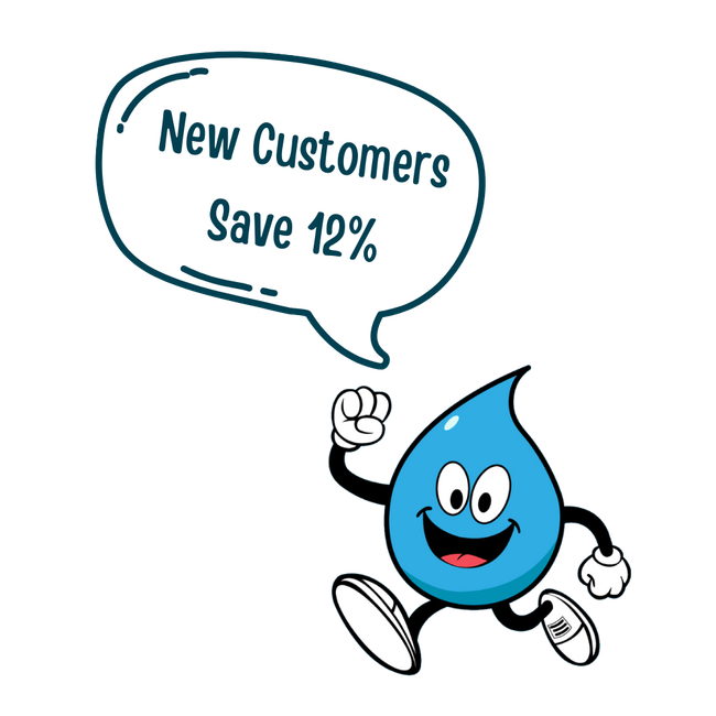 A cartoon water drop with a speech bubble that says new customers save 12 %