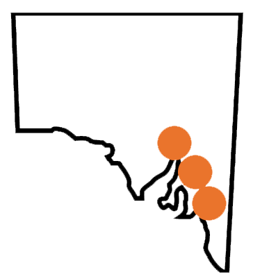 A drawing of a map with three orange circles on it.