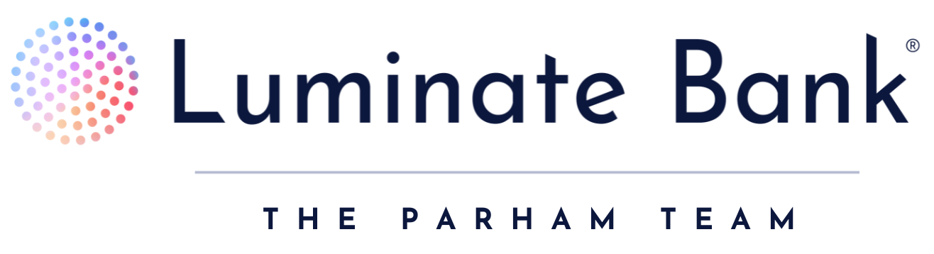 Luminate Bank logo with a colorful dot pattern and text 