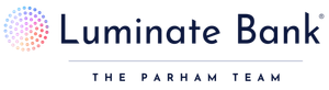 Luminate Bank logo with a colorful dot pattern and text 