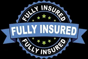 Blue and black circular emblem, “FULLY INSURED” text on banner, stars.