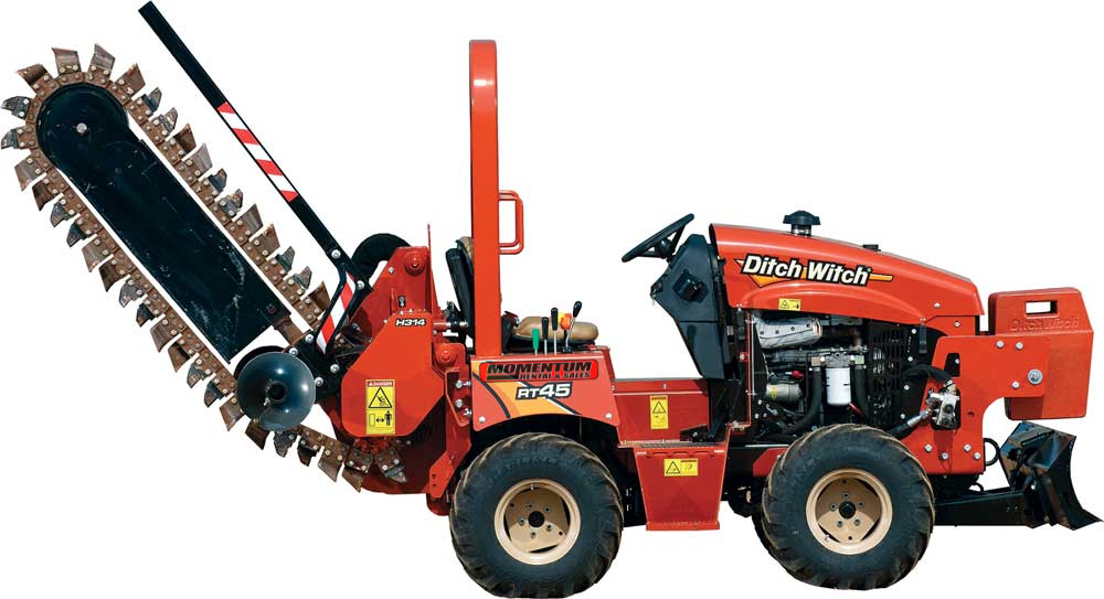 A red tractor with a chainsaw attached to it.