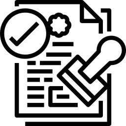 a black and white icon of a document with a stamp and a check mark .