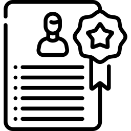 a black and white icon of a resume with a star and ribbon .