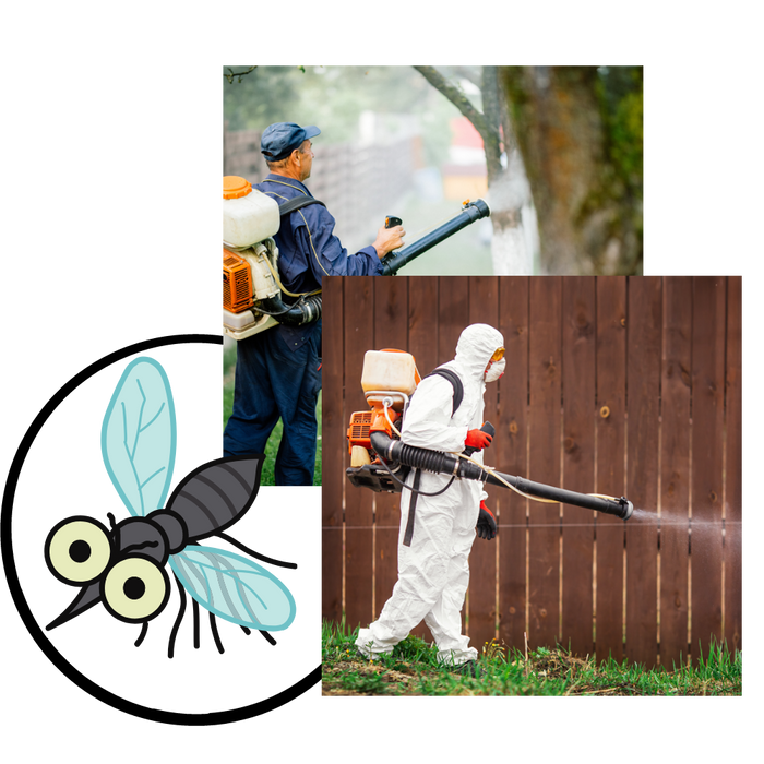 a man in a protective suit is spraying mosquitoes on a fence .