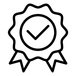 a black and white icon of a ribbon with a check mark in the center .