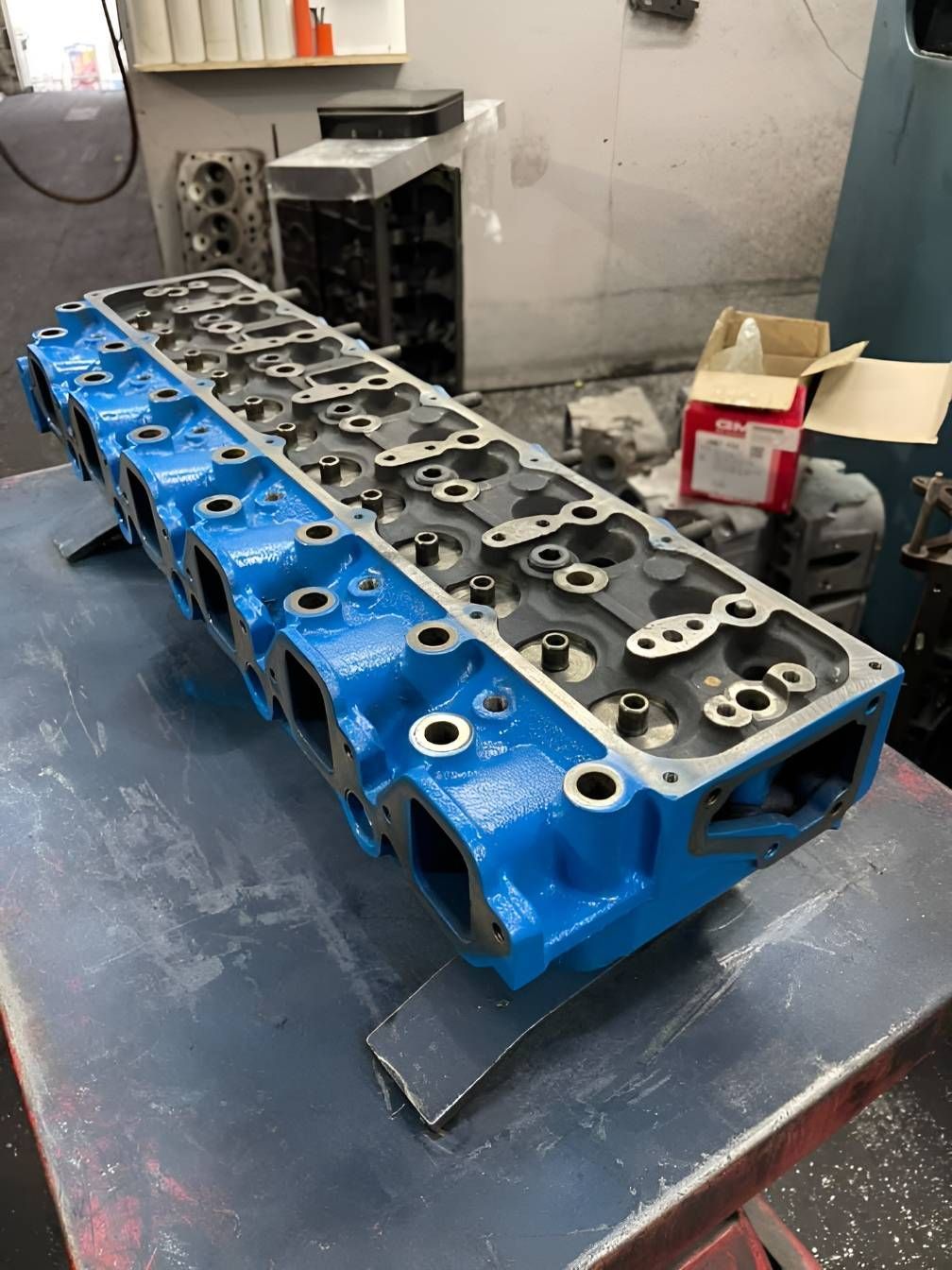 A Blue Engine Head is Sitting on Top of a Table — Currie Bros Engine Reconditioners in Laurieton, NSW