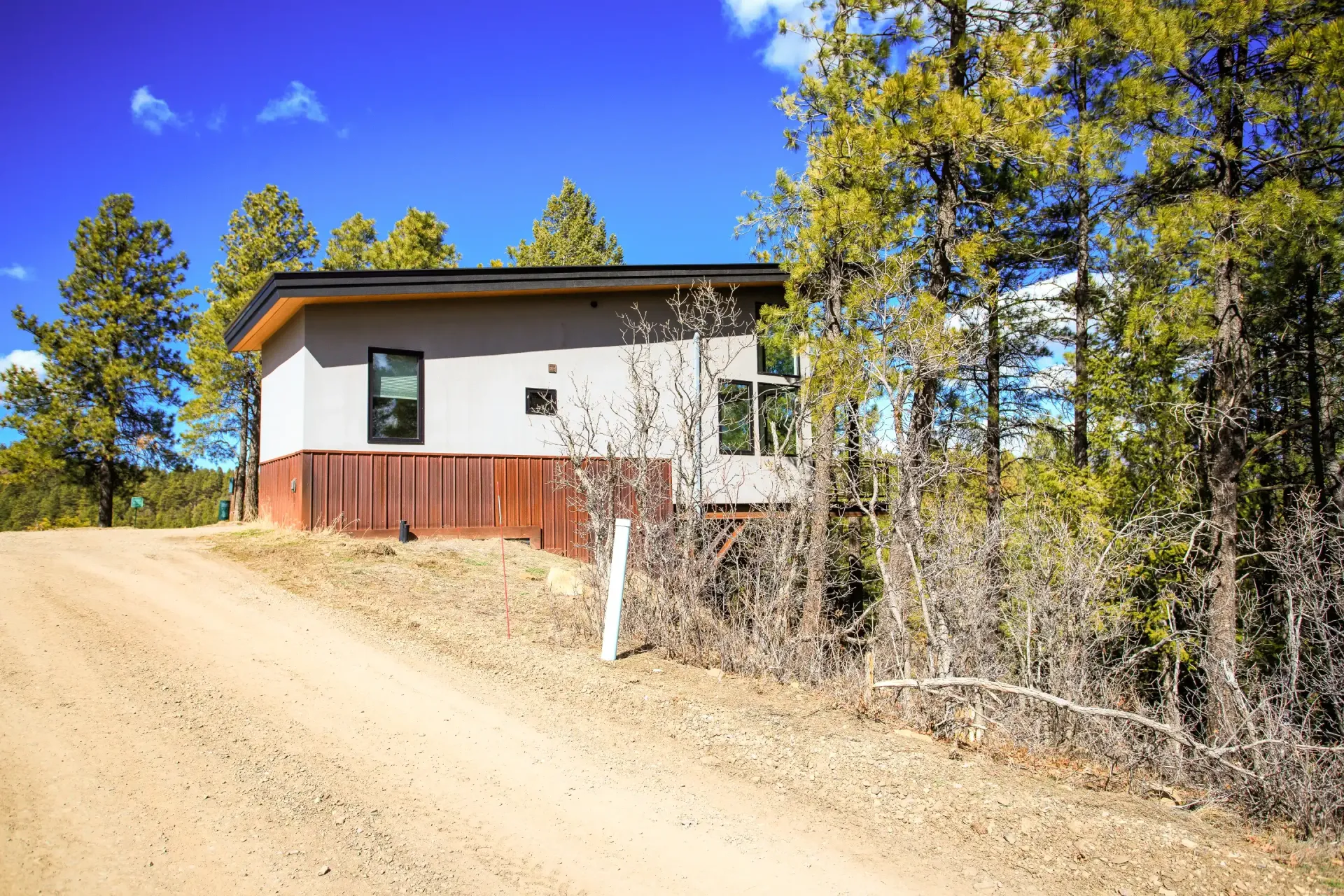 A modern house with a wood and gray exterior sits on a dirt road, surrounded by pine trees under a clear blue sky.