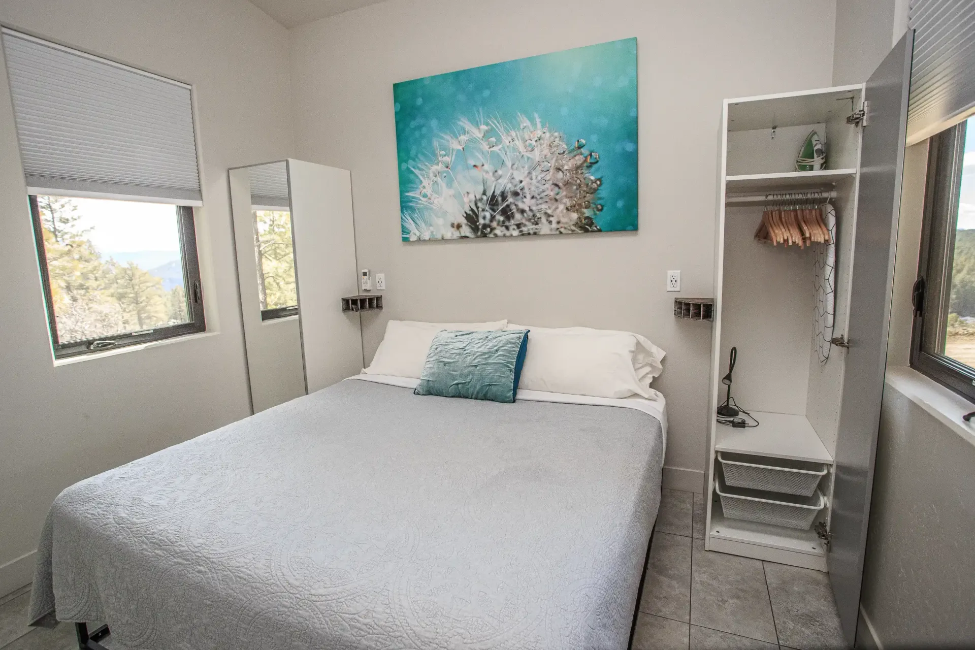A bright bedroom with a queen bed, a gray quilt, a blue dandelion-themed wall art piece, and a small open closet.