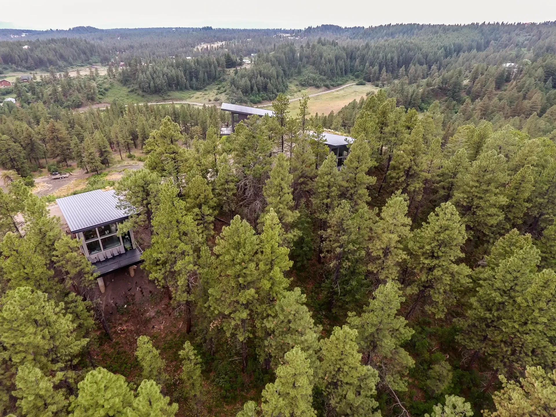 Aerial view of modern, dark-roofed cabins nestled within a dense forest of pine trees.